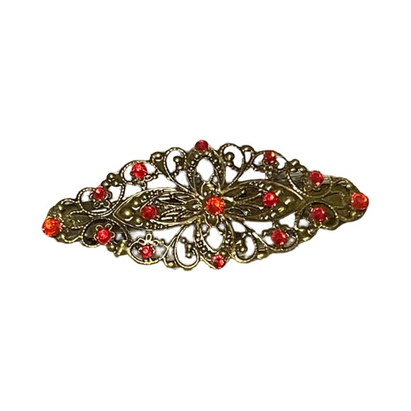 Accessories - Ornate Gold Hair Clip with Red Crystal Accents